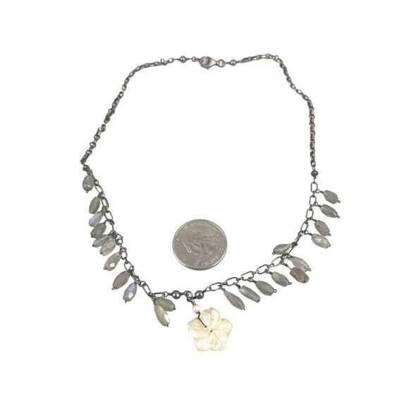 Vintage Labradorite & Mother of Pearl Flower Pendant Necklace 16" Sterling Silve - Picture 7 of 9